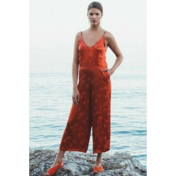 PEPALOVES Palm Jacquard Jumpsuit Orange Textured Wide Leg XS S M L - Picture 1 of 8